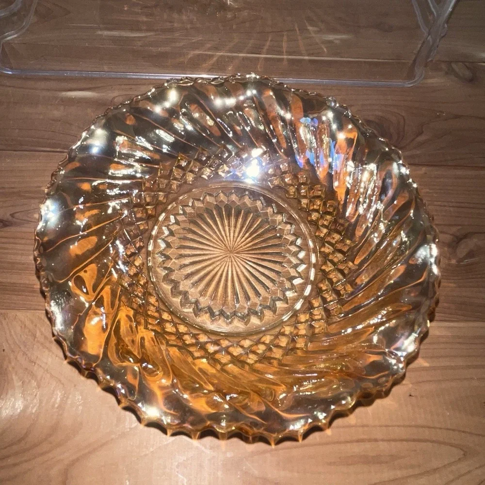 Vtg Elegant Bowl Carnival Iridescent Gold Diamond Swirl Ruffled Candy Nut Dish